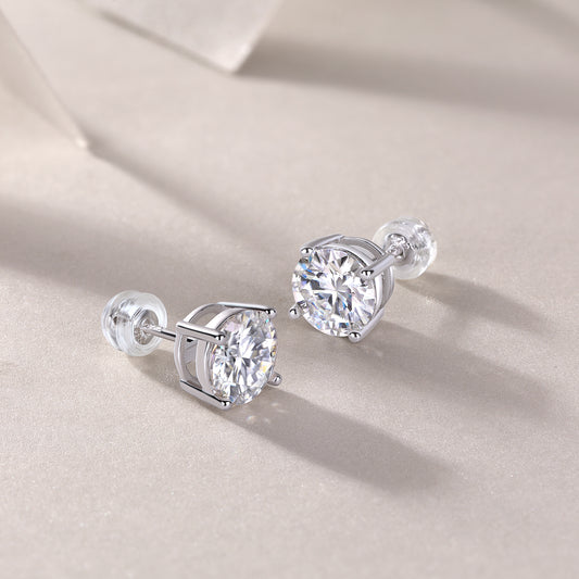 Round Moissanite Four-Prong Solitaire Stud Earrings in 925 Silver