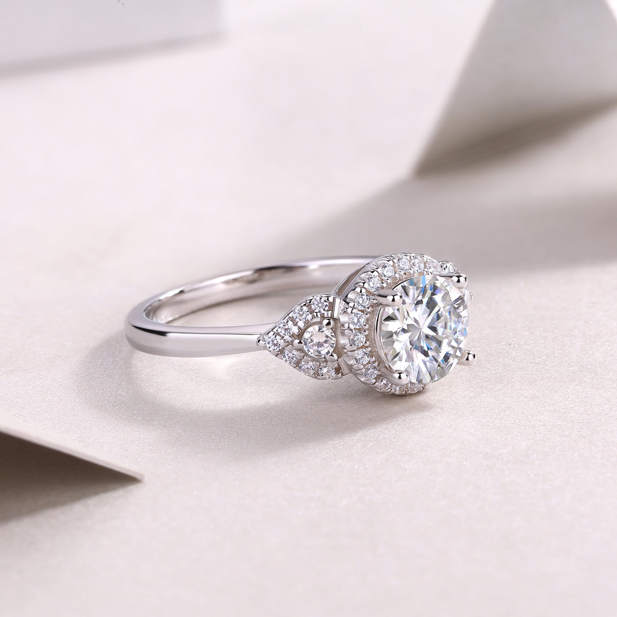 Round Moissanite Halo Ring with Pear Pave Accents in 925 Silver