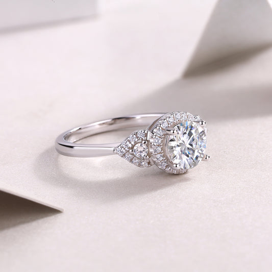 Round Moissanite Halo Ring with Pear Pave Accents in 925 Silver