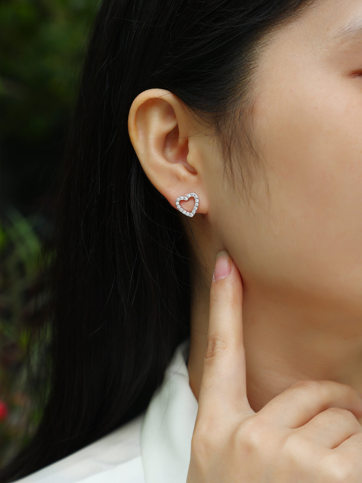 Moissanite Pave Open Heart Stud Earrings in 925 Sterling Silver - worn