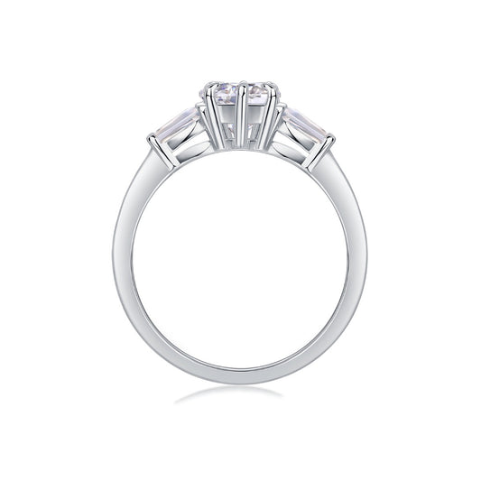 Heart Moissanite Ring with Tapered Baguette Side Stones in 925 Silver