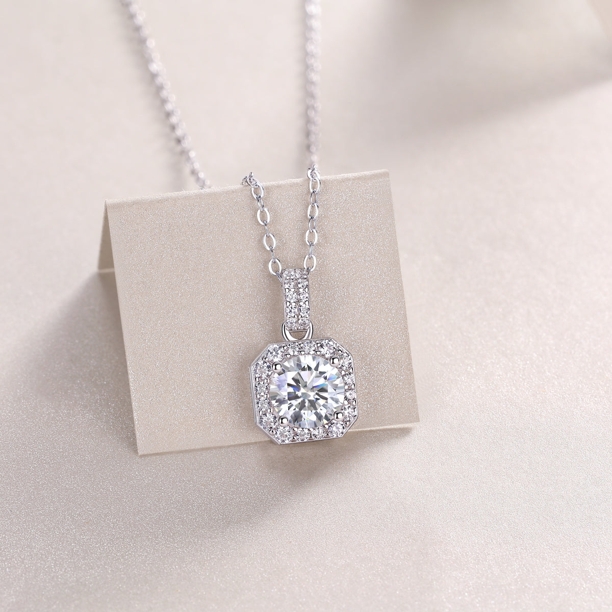 Round Moissanite Octagon Halo Pendant Necklace in 925 Sterling Silver