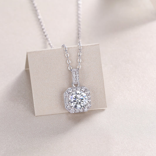 Round Moissanite Octagon Halo Pendant Necklace in 925 Sterling Silver