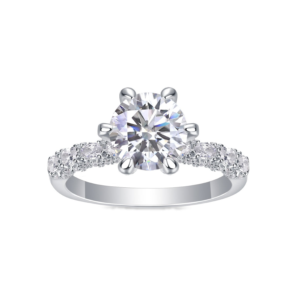 Round Moissanite Six-Prong Solitaire with Patterned Pave Band in 925 Silver