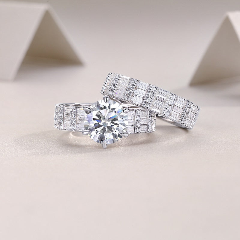 Round Moissanite Solitaire on Wide Baguette Band in 925 Silver