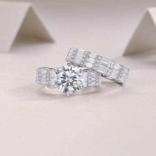 Round Moissanite Solitaire on Wide Baguette Band in 925 Silver