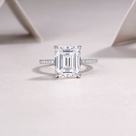 Emerald-Cut Moissanite Hidden-Halo Solitaire Ring in 925 Silver