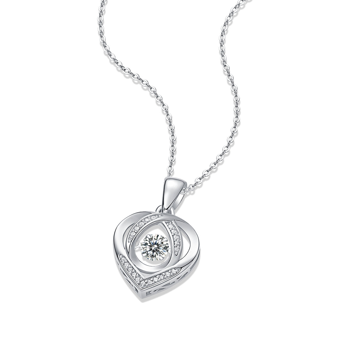 Round Moissanite Open Heart Pendant Necklace in 925 Sterling Silver