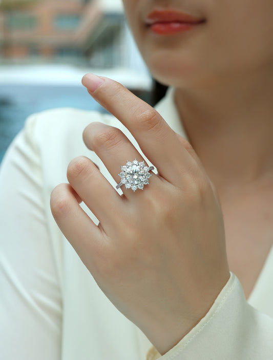 Round Moissanite Sunflower Halo Ring with Pear Petals in 925 Silver - worn