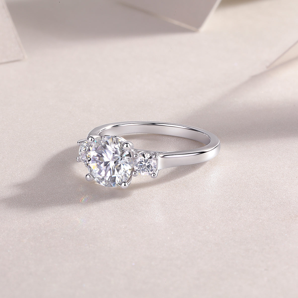 Round Moissanite Three-Stone Engagement Ring in 925 Sterling Silver