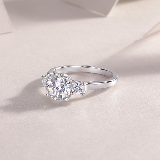 Round Moissanite Three-Stone Engagement Ring in 925 Sterling Silver