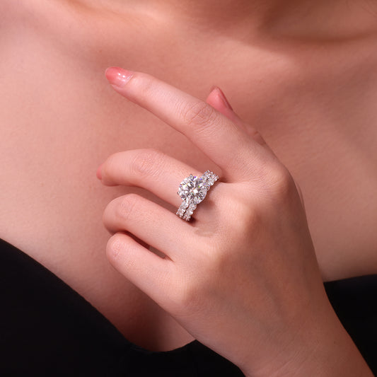 Round Moissanite Engagement Ring and Eternity Band Bridal Set in 925 Silver - worn