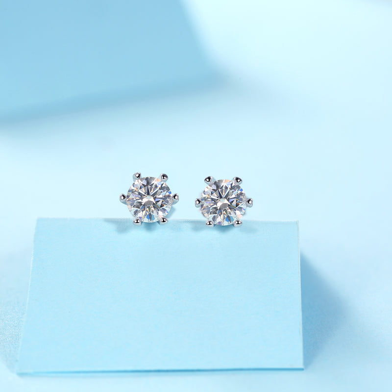 Round Moissanite Six-Prong Stud Earrings in 925 Sterling Silver