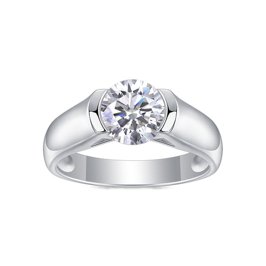 Round Moissanite Half-Bezel Solitaire Ring with Wide Band in 925 Silver