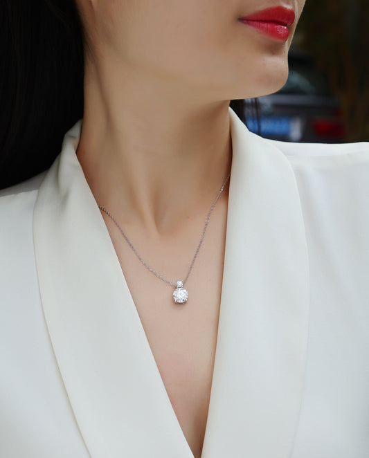 Round Moissanite Two-Stone Drop Pendant Necklace in 925 Silver - worn