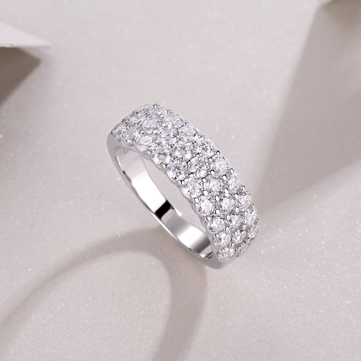 Wide Moissanite Three-Row Shared-Prong Band in 925 Sterling Silver
