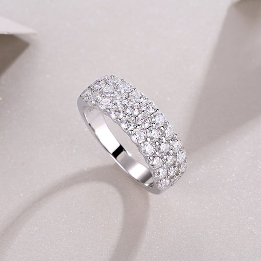 Wide Moissanite Three-Row Shared-Prong Band in 925 Sterling Silver