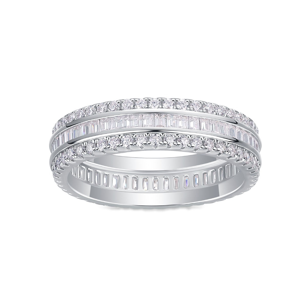 Baguette and Round Moissanite Three-Row Eternity Band in 925 Silver