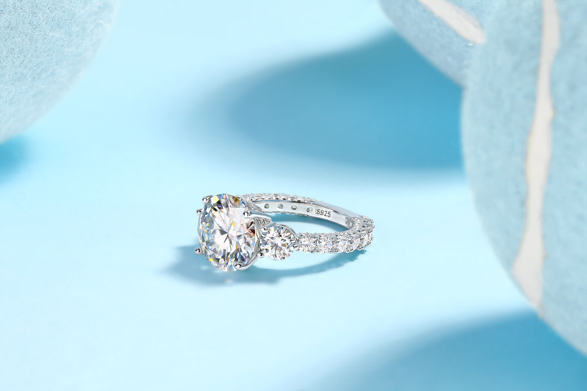 Round Moissanite Three-Stone Ring with Pave Band in 925 Silver
