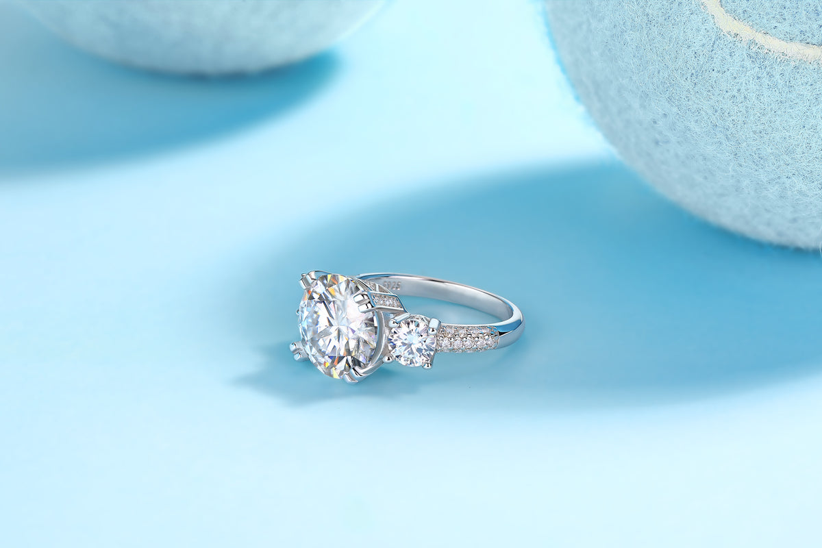 Round Moissanite Three-Stone Ring with Pave Band in 925 Sterling Silver
