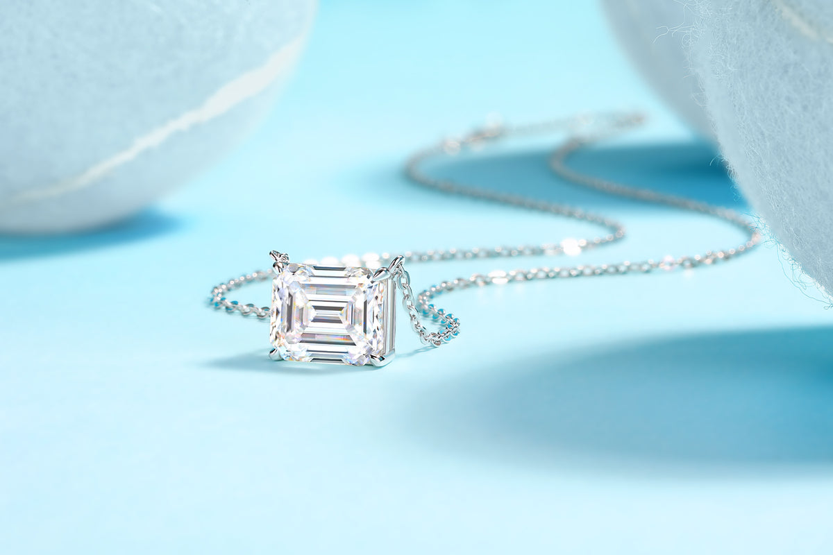 Emerald-Cut Moissanite East-West Solitaire Necklace in 925 Silver