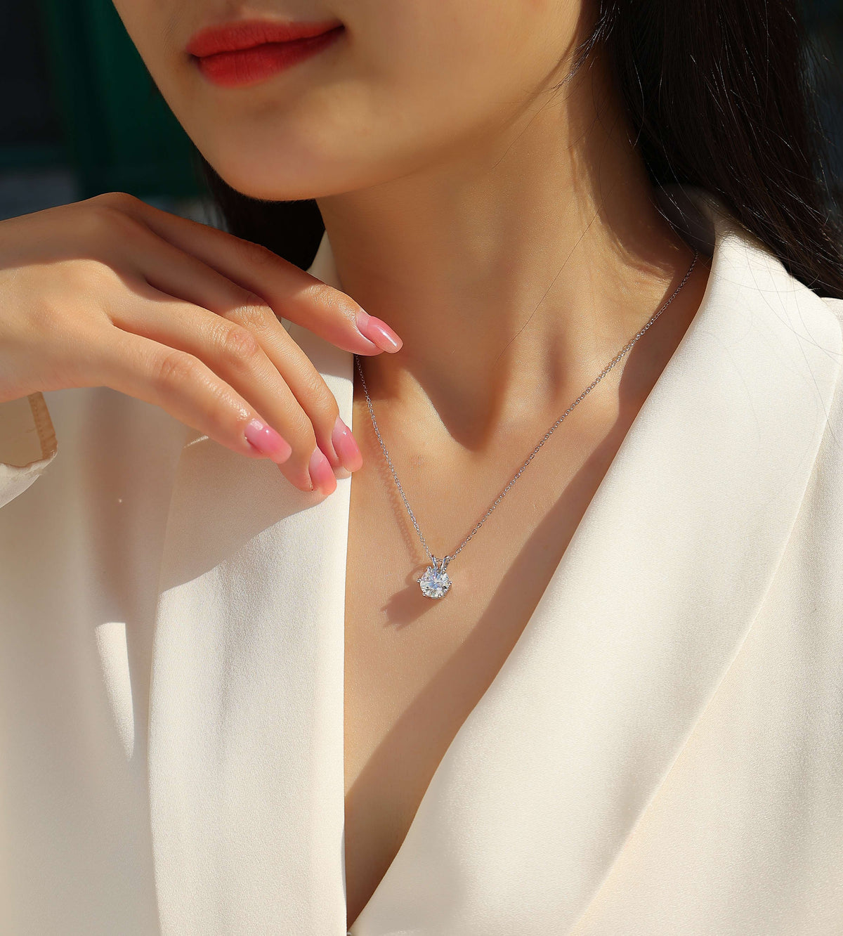 Round Moissanite Six-Prong Solitaire Pendant Necklace in 925 Silver - worn