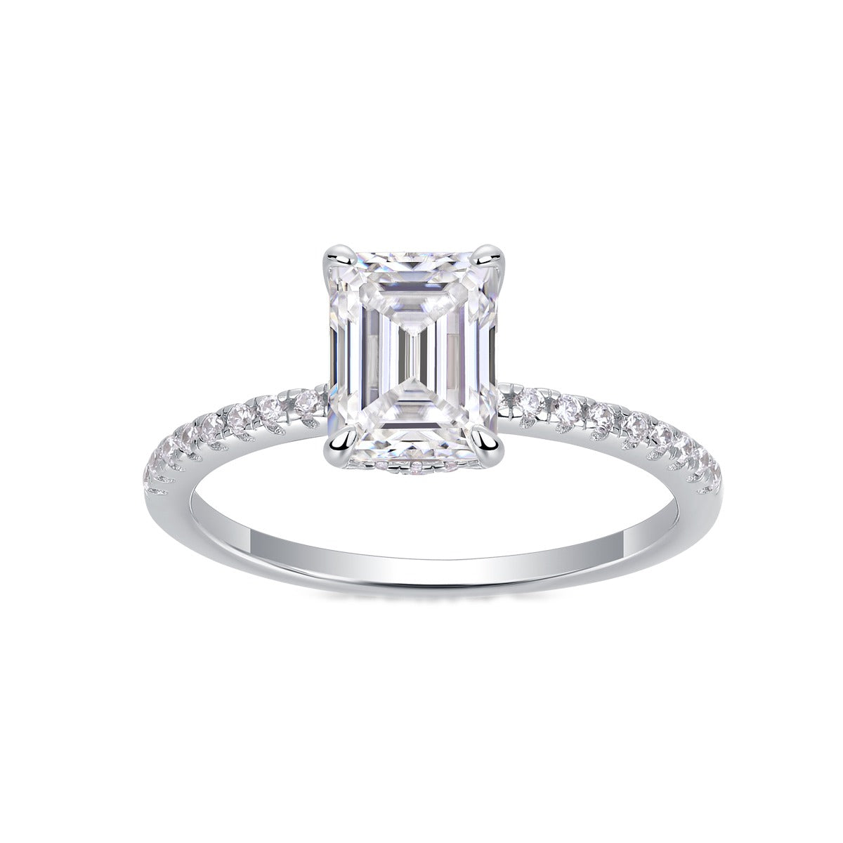 Emerald-Cut Moissanite Solitaire Ring with Pave Band in 925 Silver
