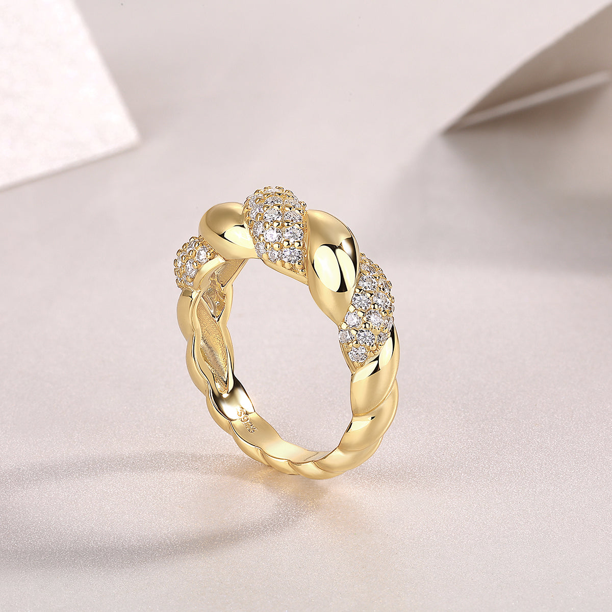 Moissanite Pave Twisted Croissant Dome Ring in Gold-Plated 925 Silver