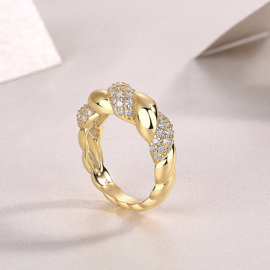 Moissanite Pave Twisted Croissant Dome Ring in Gold-Plated 925 Silver