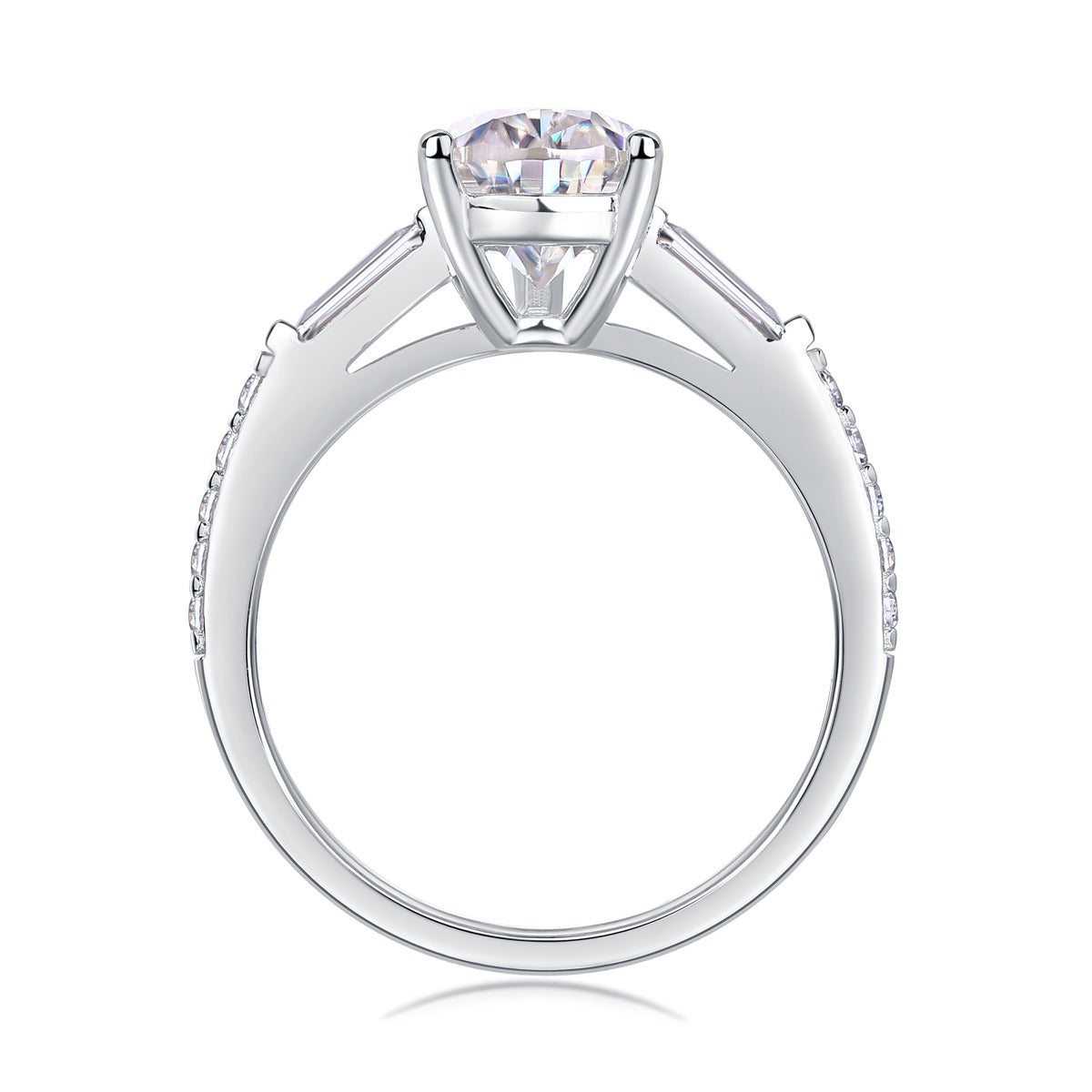 Pear Moissanite Ring with Baguette Side Stones in 925 Sterling Silver