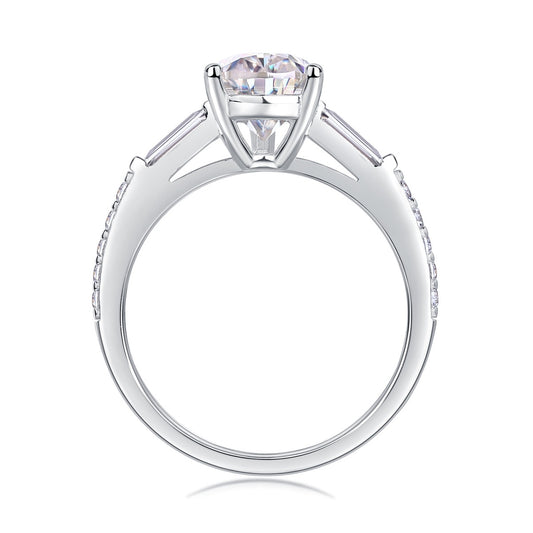 Pear Moissanite Ring with Baguette Side Stones in 925 Sterling Silver