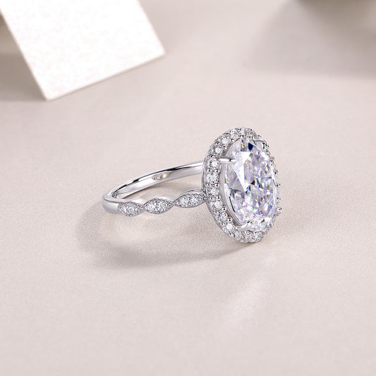 Oval Moissanite Halo Ring with Twisted Pave Band in 925 Silver