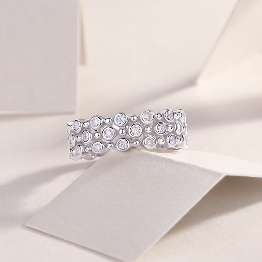 Wide Three-Row Bezel-Set Moissanite Band in 925 Sterling Silver