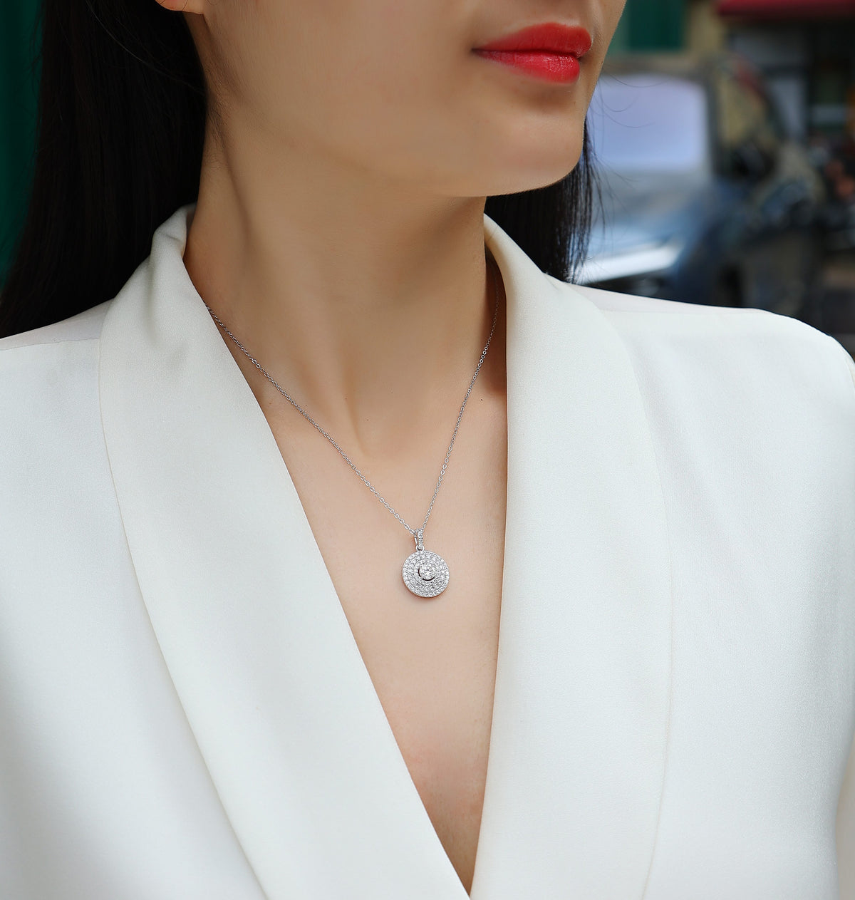 Round Moissanite Double-Halo Disc Pendant Necklace in 925 Silver - worn