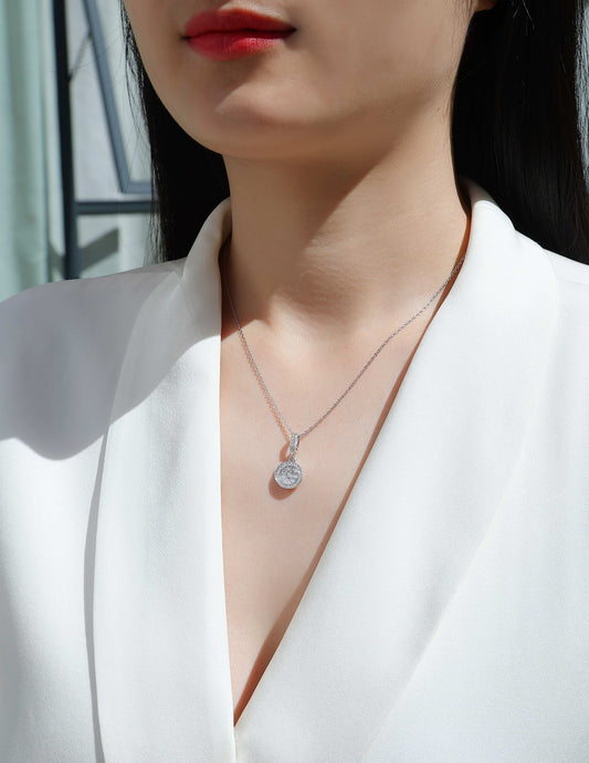 Moissanite Pave Round Disc Pendant Necklace in 925 Sterling Silver - worn