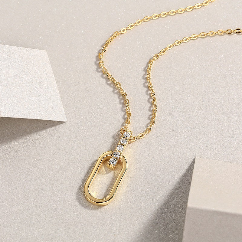 Moissanite Pave Bail Paperclip Link Pendant in Gold-Plated 925 Silver