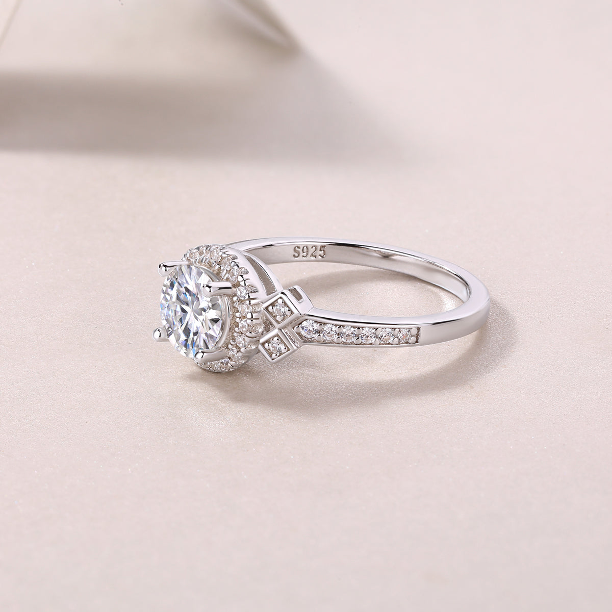 Round Moissanite Halo Ring with Geometric Side Accents in 925 Silver