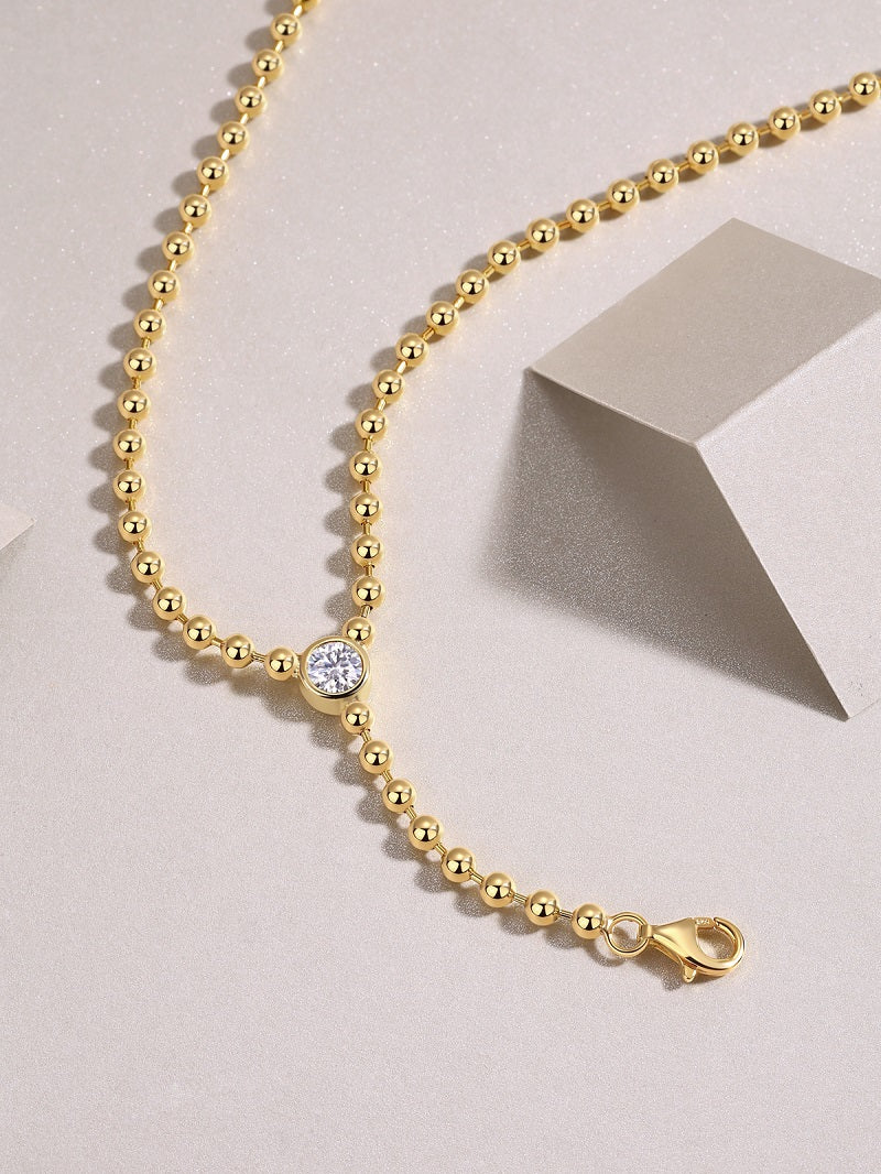 Moissanite Bead-Chain Y Lariat Necklace in Gold-Plated 925 Sterling Silver
