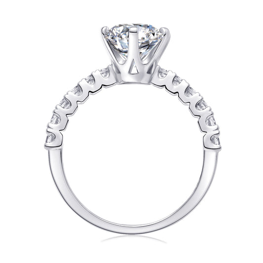 Round Moissanite Six-Prong Solitaire Ring with Pave Band in 925 Silver