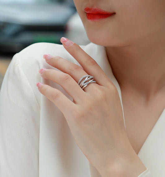 Moissanite Multi-Band Crossover Pave Wrap Ring in 925 Sterling Silver - worn