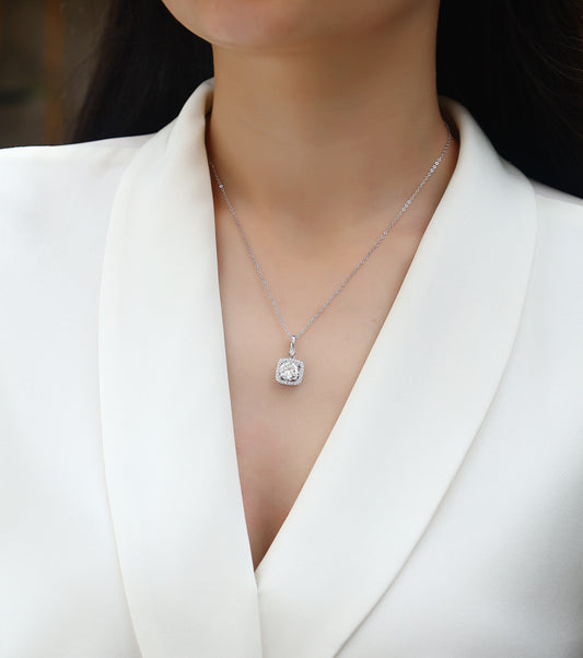 Round Moissanite Square Halo Pendant Necklace in 925 Sterling Silver - worn