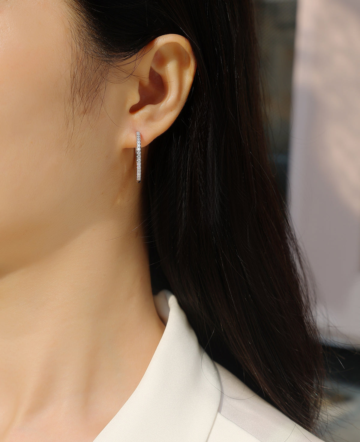 Moissanite Pave Front Hoop Earrings in 925 Sterling Silver - worn