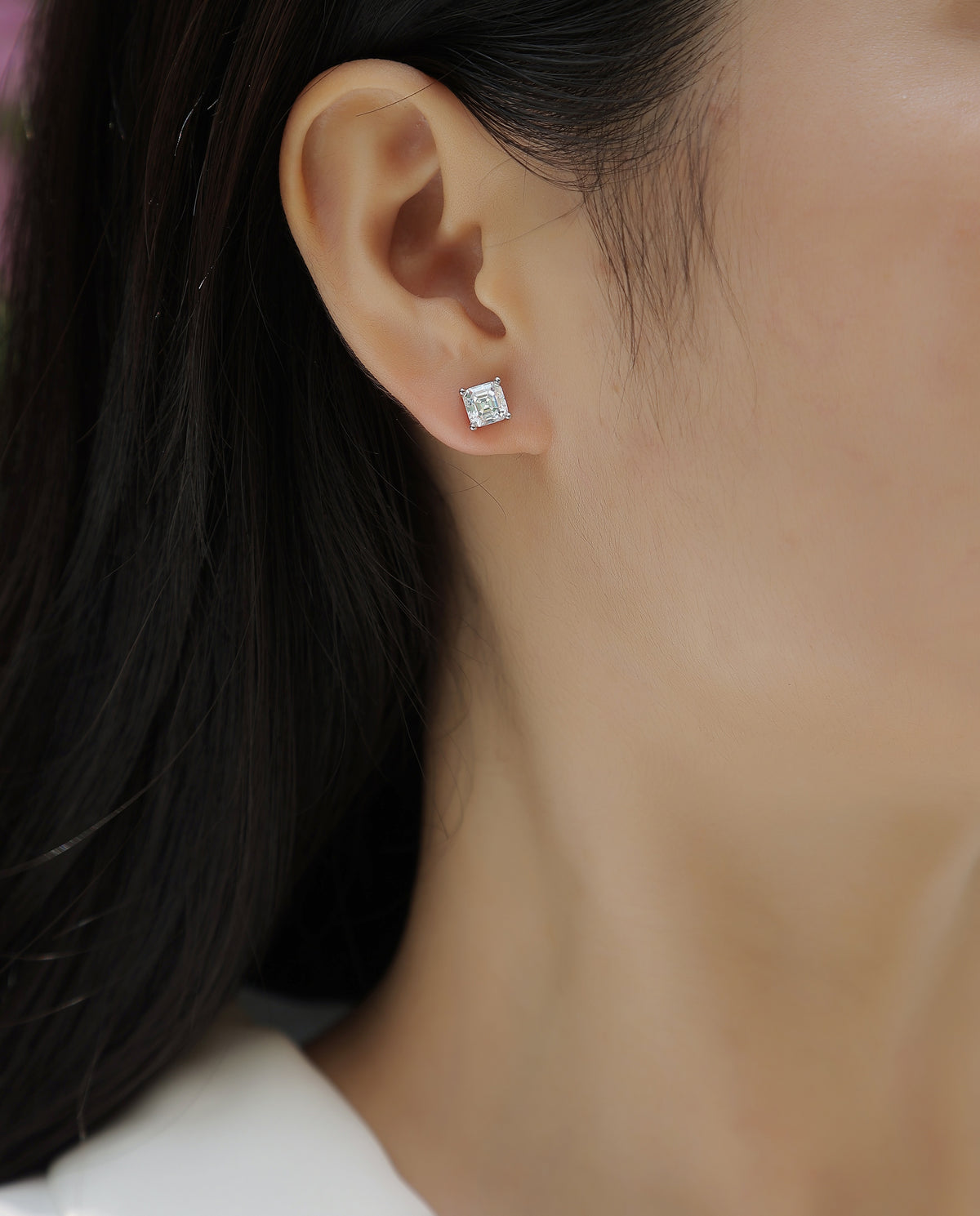 Square Step-Cut Moissanite Stud Earrings in 925 Sterling Silver - worn