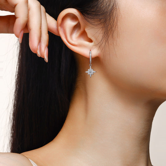Moissanite Moon and Star Mismatched Huggie Drop Earrings in 925 Silver - worn