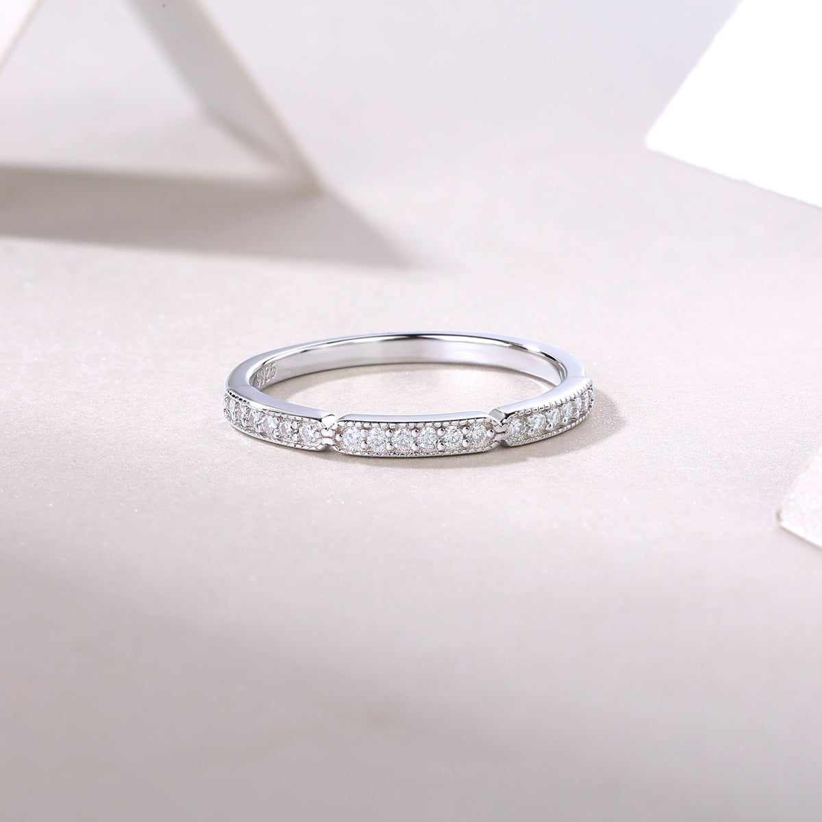 Moissanite Milgrain Pave Stacking Band in 925 Sterling Silver