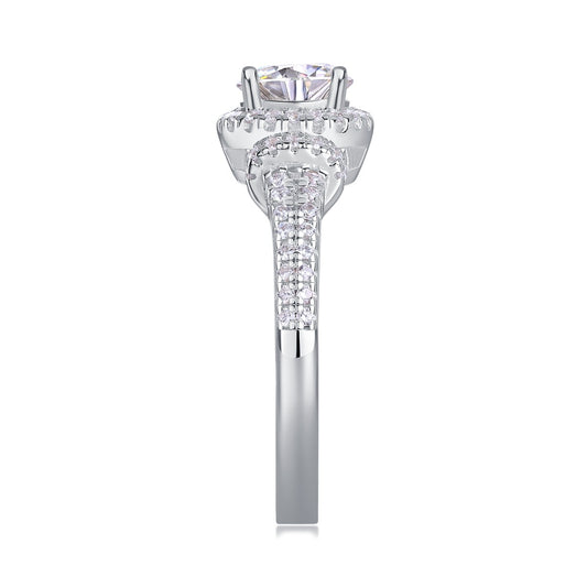 Round Moissanite Halo Ring with Split Pave Shank in 925 Silver