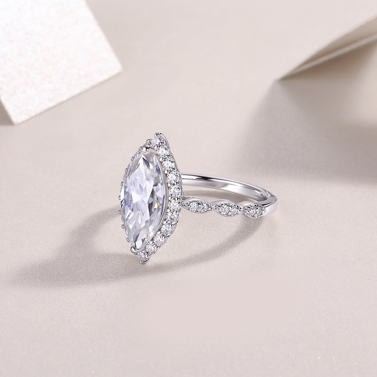 Marquise Moissanite Vintage-Style Halo Engagement Ring in 925 Silver