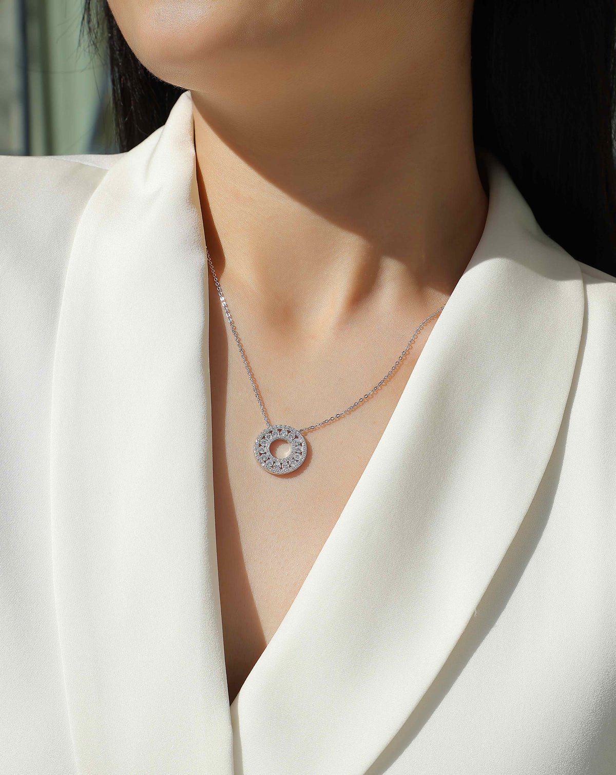 Moissanite Pave Open Circle Pendant Necklace in 925 Sterling Silver - worn