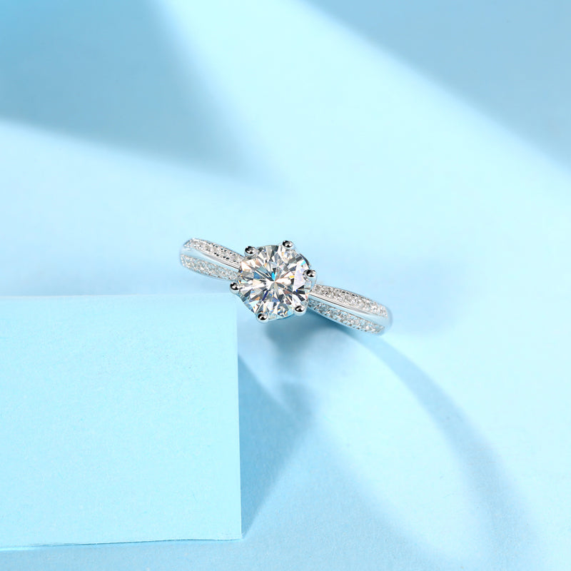Six-Prong Round Moissanite Ring with Pave Band in 925 Sterling Silver