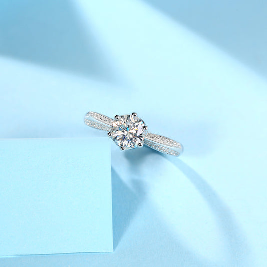 Six-Prong Round Moissanite Ring with Pave Band in 925 Sterling Silver